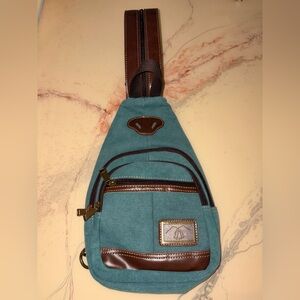Teal Canvas Crossbody Sling Bag with Brown Trim